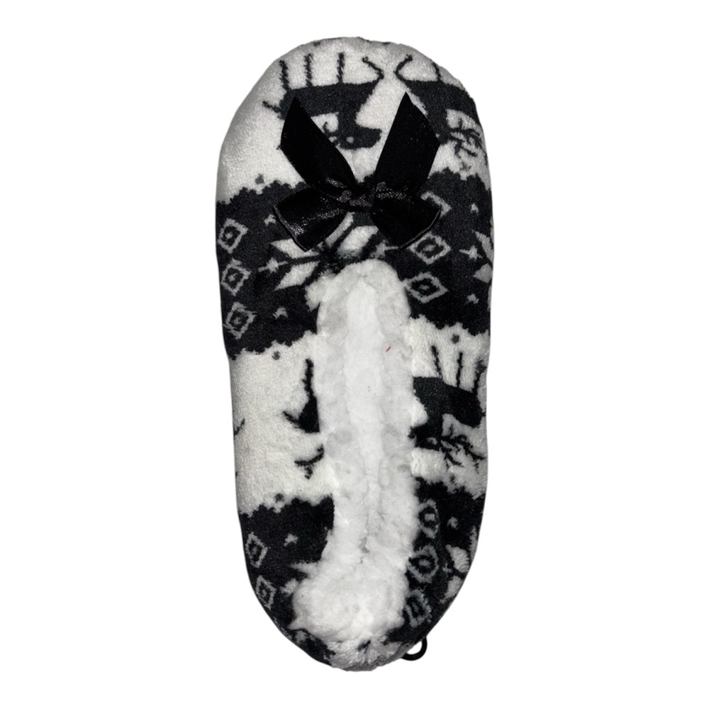 Cozy Fleece Ballet Slippers Gripper Sole Black White Winter House Shoes • W 8